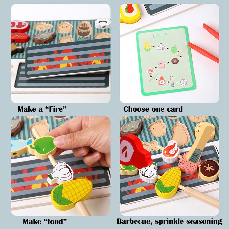Drewniany zestaw zabawek do grilla, Montessori Cooking Experience, symulacja jedzenia z grilla, drewniane zabawki do domu do zabawy, prezent dla dzieci