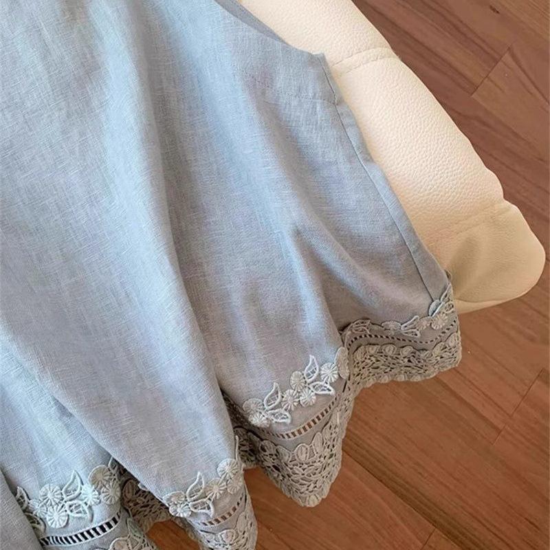 Ärmelloses Sommer-Set für Damen mit bestickter Spitze, bestehend aus Hemd und Shorts