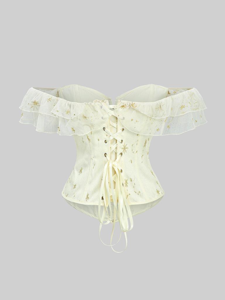 Rosegal Gothic Moon Star Gilding Embroidered Ruffles Lace Up Back Functional Corset