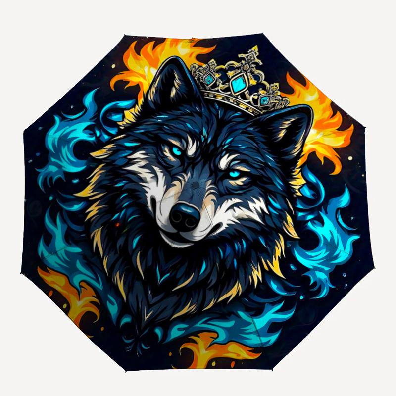 1pc Flame-Crowned Wolf Automatic Opening and Closing Folding - A Good Choice for Gifts, Fashionable and Convenient Umbrella With Cute Cartoon Cha