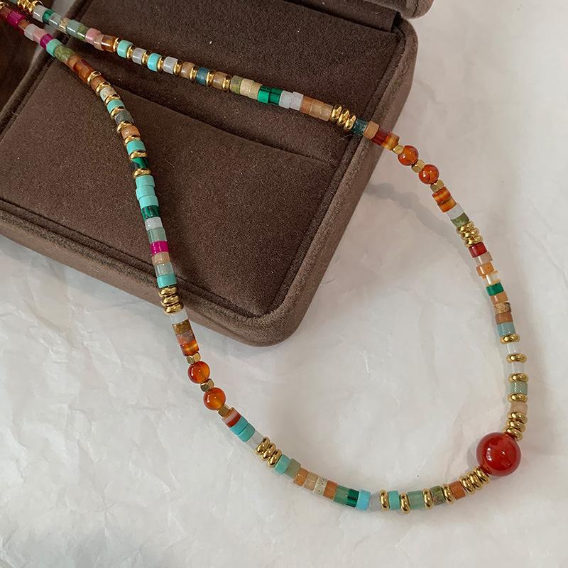 Onyx Necklace, Colored Rough Stone Beaded Design Sense Accessories, Women'S New Chinese Style Retro Ethnic Style Collarbone Neck Chain