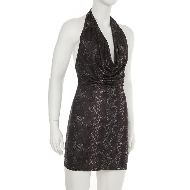 European & American Sexy Animal Print Halter Neck Bodycon Dress