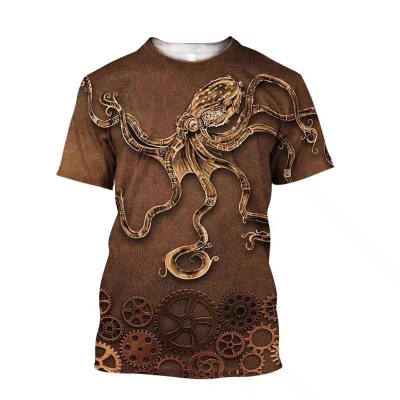 Men'S Summer 3d Printing Printed O-Collar Short Sleeve T-Shirt Ocean Octopus Art Personality Retro Plus Size Loose Top