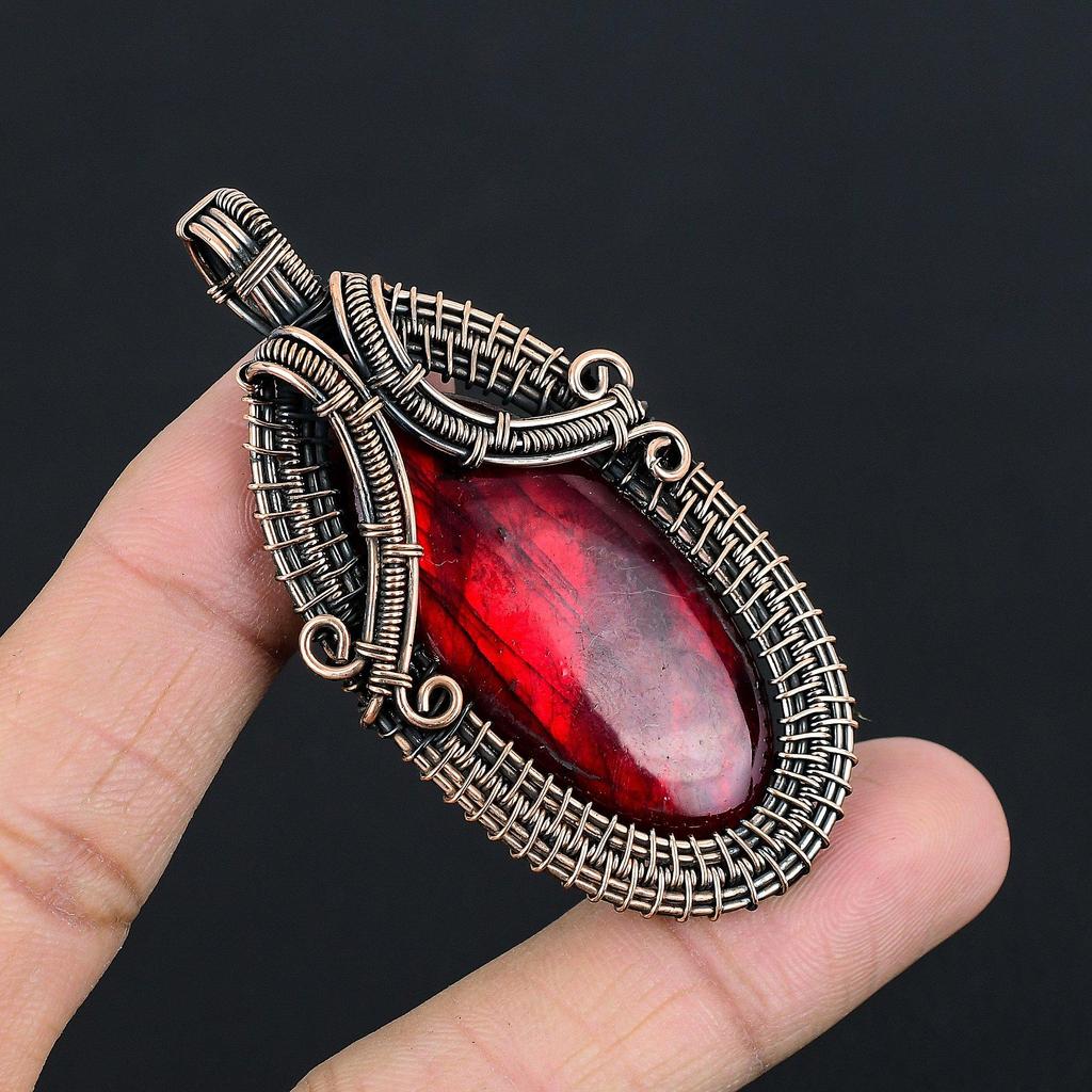 Red Flash Labradorite Pendant, 999 Copper Wire Wrapped Jewelry, Gemstone Jewelry Pendant, Handmade Wedding Gift Jewelry