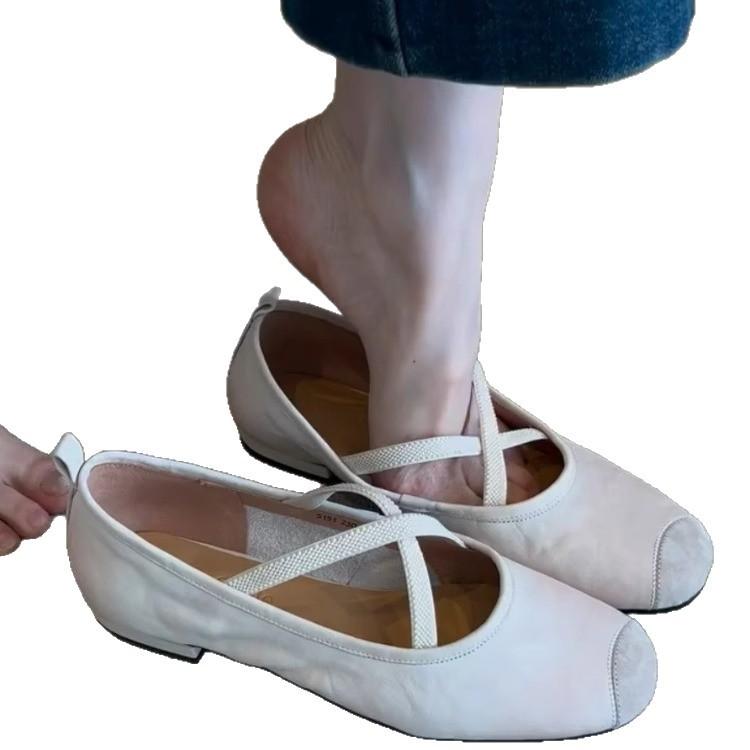 Super soft small soft leather~ Cross-strap Mary Jane shoes 2025 spring new soft-soled single shoes women's shallow mouth ballet shoes