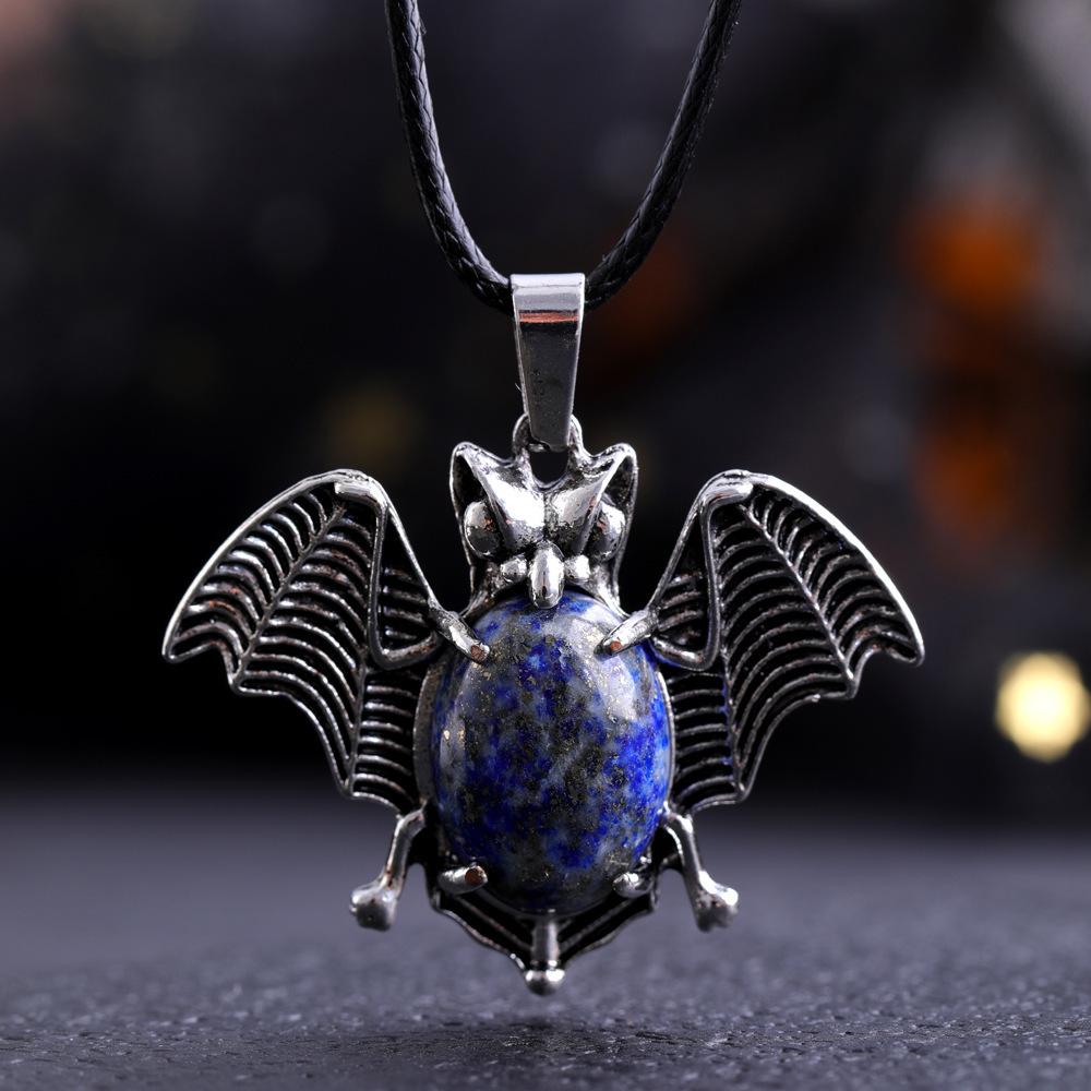 Halloween Crystal Stone Bat Vintage Pendant For Women Necklace Natural Amethyst Rose Quartz Lapis Lazuli Pendant Jewelry Making
