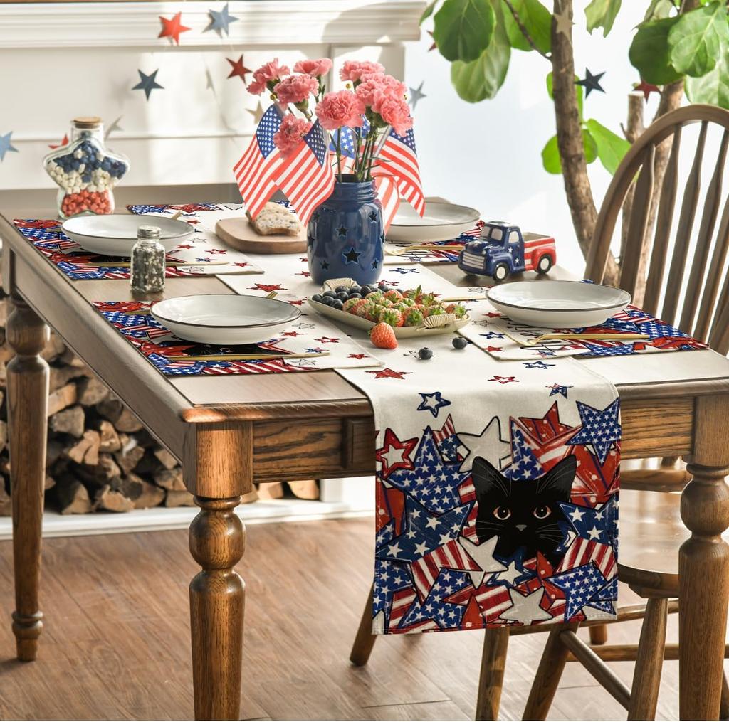 Stars Black Cat Patriotic 4th of July Placemats Set of 4, 12x18 Inch Memorial Day Holiday Table Mats for Party Kitchen Dining Decoration