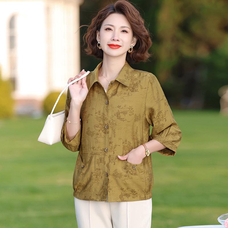 Elderly Women's Summer Solid Color Cardigan with Three-Quarter Sleeves