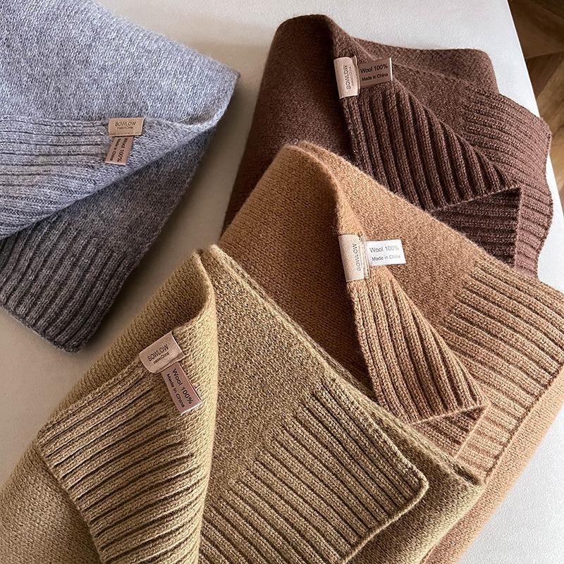 High-grade 100 Wool Scarf Women's Winter Thickened Warm High-end Sense Simple Monochrome Knitted Versatile Scarf Gift