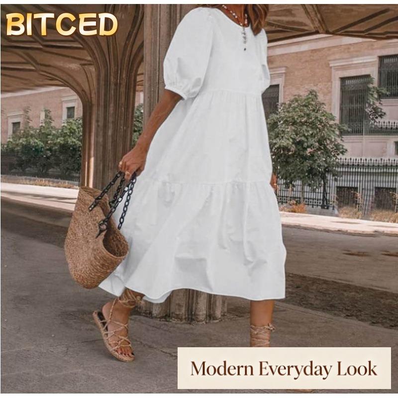 BITCED שמלות קז'ואל קיץ אביב צבע אחיד הדפס שרוול קצר צווארון עגול אופנתיות