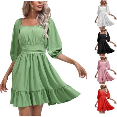 New Fashion Women's Trendy Ruffle Edge Square Neck Tie Up Short Skirt Summer Dress