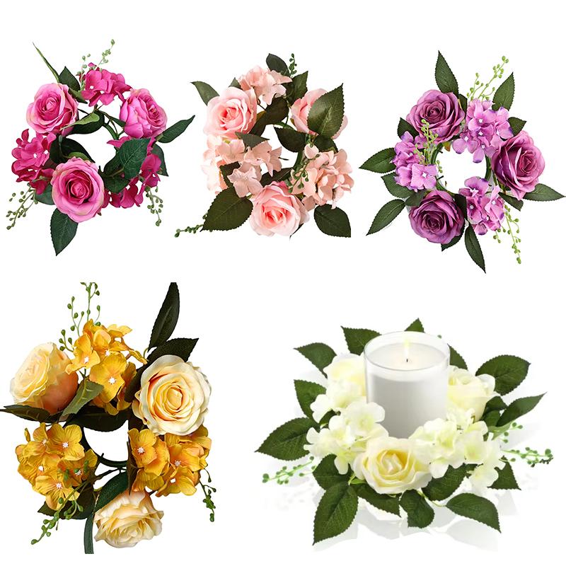 1PC Candle Wreath Plastic Wreath Holiday Tabletop Home Decor Silk Flower Mini Wreath Festive Dining Table Decoration