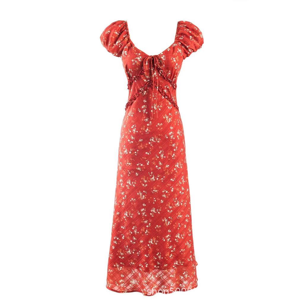 French V-neck Fungus Edge Floral Dress Women's Summer New Temperament Waist Thin Holiday Style Coffee Break Dress
