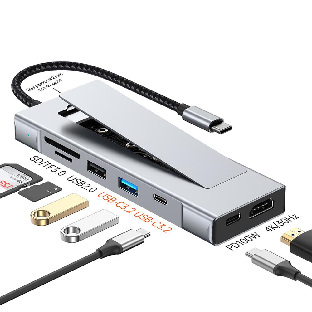 8 In 1 Type C Docking Station with Disk Storage Function USB 3.2 Hub 10Gbps M.2 NVMe SATA SSD Case Multi Adapter Card Reader USB C To HDMI Adapter