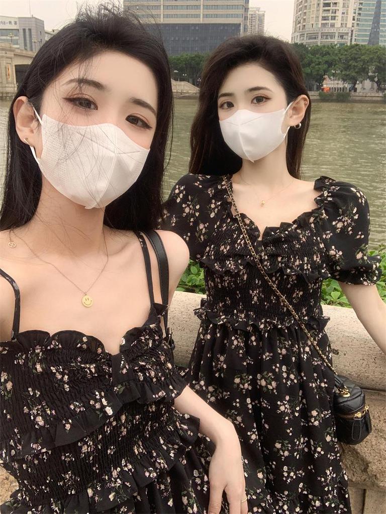 Chiffon Floral Summer Dress for Women - 2025 Design with Slimming Waist, Slit, and Square Neckline