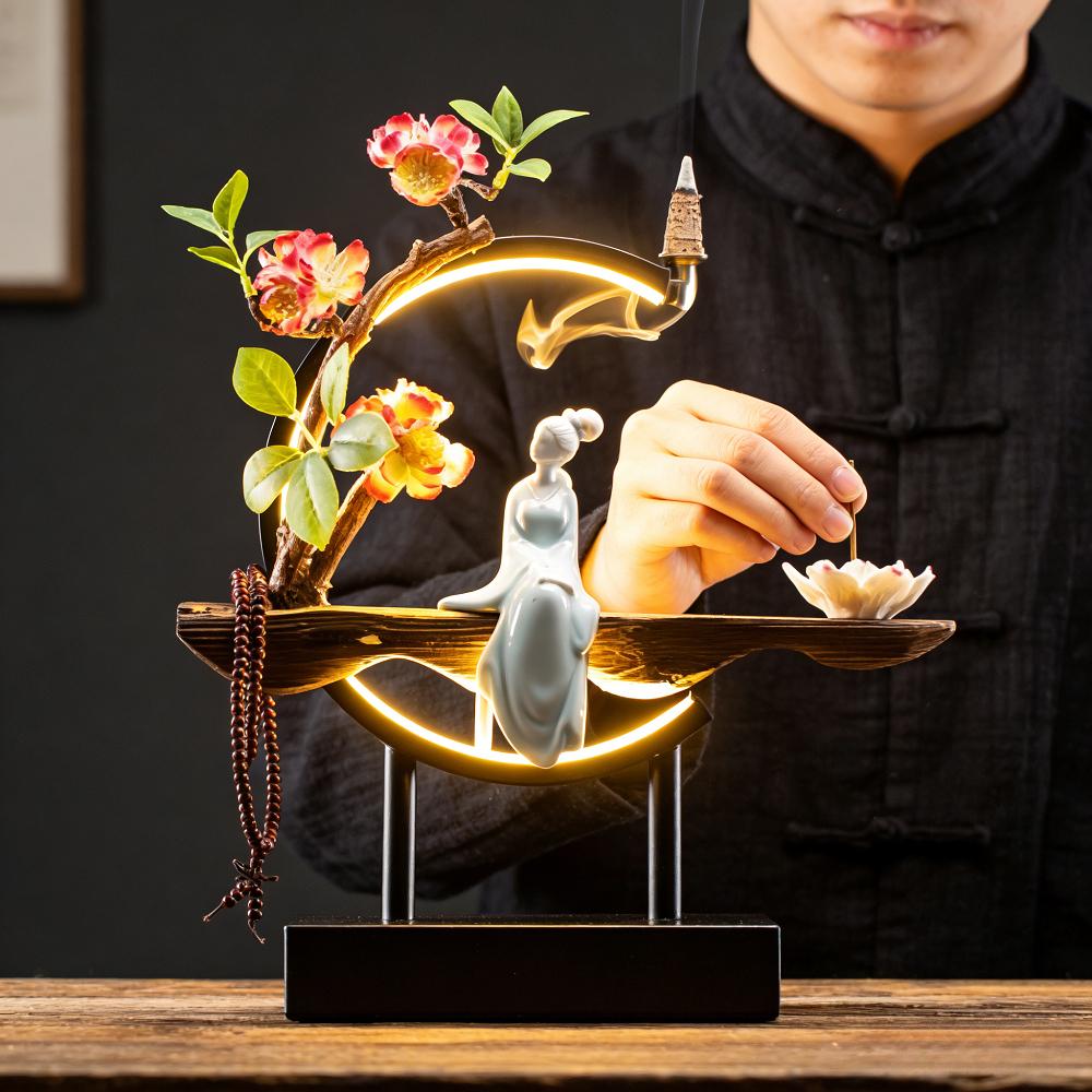 Creative New Chinese-style LED Light Ring Reverse-flow Scented Item, Living Room Entrance Decoration,Zen-themed Handicraft Item