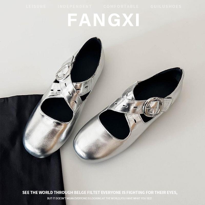 

Sheepskin French silver shoes round head crossed with flat sole single shoes women s shallow mouth one-word buckle with ballet Mary Jane shoes 35