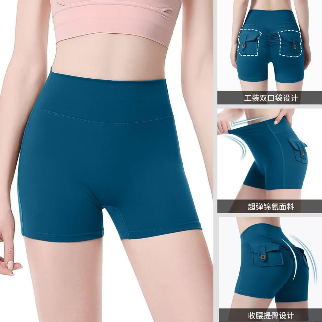 Fitness Sports Tooling Shorts Women's High Waist Tight Body Hip Lift Pocket Three-point Pants Nude Yoga Shorts