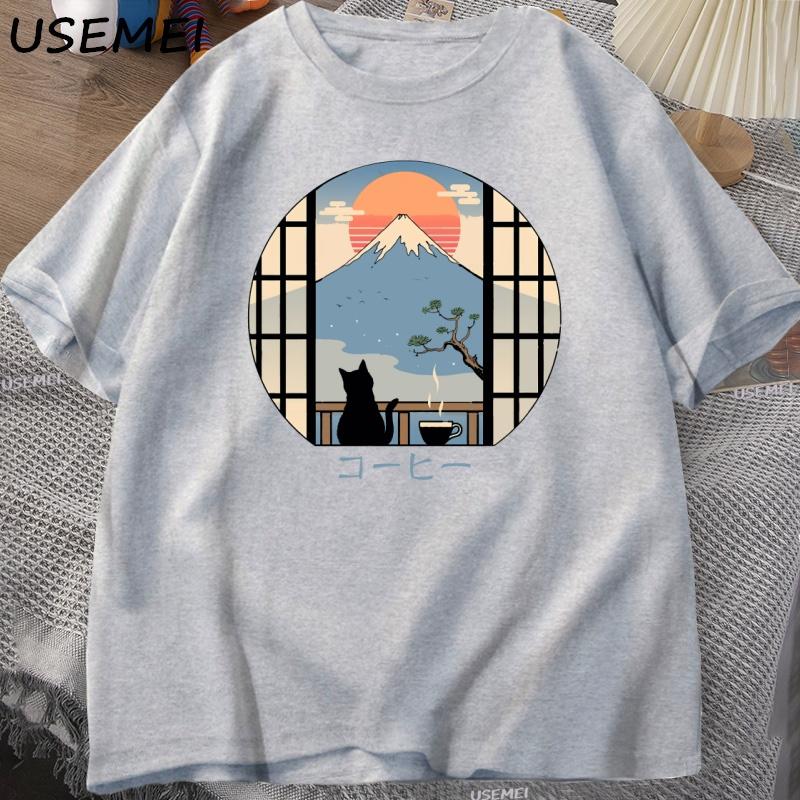 Coffee Cat in Mt Fuji T-shirt Men Women Round Neck Short Sleeves Tshirt Japanese Style Printed T-Shirt Cotton Oversized Tops