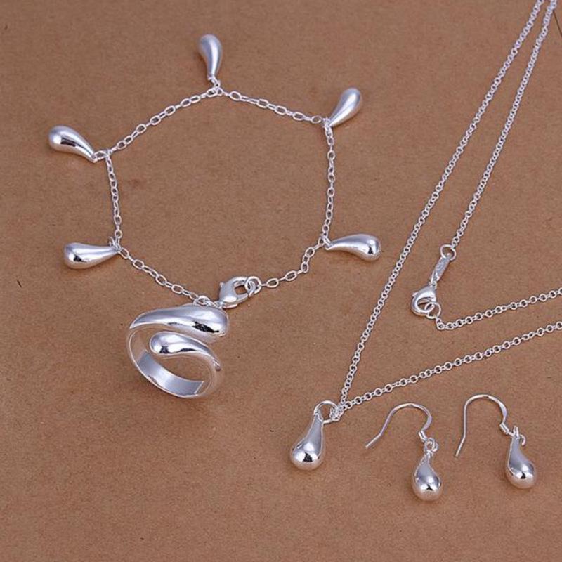 European & American Fashion Silver-Plated Jewelry Set: Exquisite Drop Bracelet, Necklace, Earrings, and Ring
