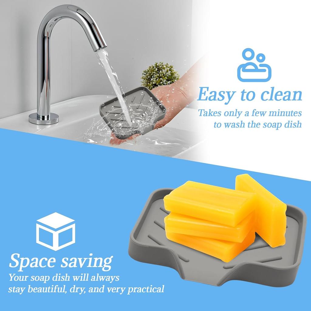 BokWin 1 Pack Silica Gel Soap Dish with Drain, Self Draining Soap Tray for Shower, Bathroom and Kitchen Sink Organizer, Bar Soap Holder, Grey,