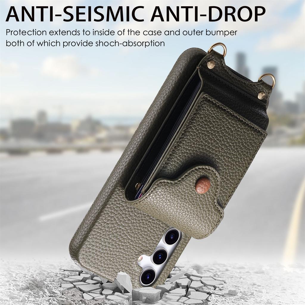 For Samsung Galaxy A16 5G/4G Case Mirror Card Holder Litchi Texture Leather Phone Back Cover with Long Strap