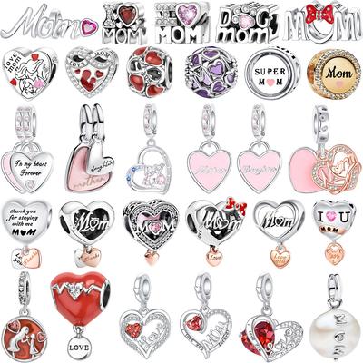 925 Silver Mom Flower Heart Beads DIY Necklace Bracelet Jewelry Gift for Mother's Day Family Charms Present