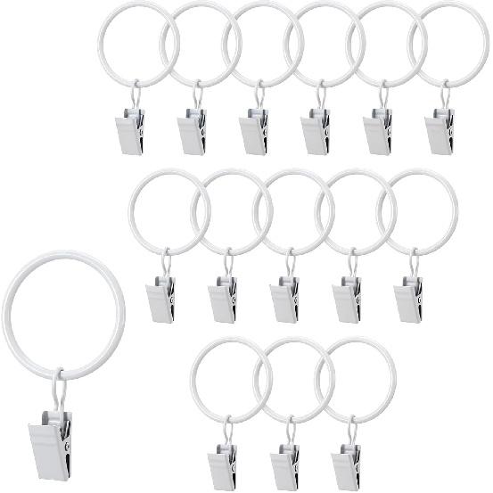 Yolev 15pcs White Curtain Rings with Clips Metal Drapery Rings with Clips 1.26 Interior Diameter Curtain Rod Ring for Hanging Drapery Drapes Fit Up