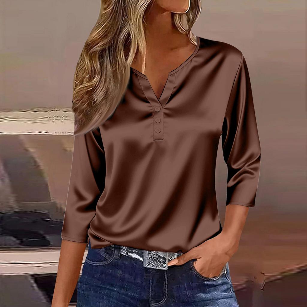 Women's Collar Three-Quarter Sleeve Satin Shirt Top, Lightweight Spring/Summer Top