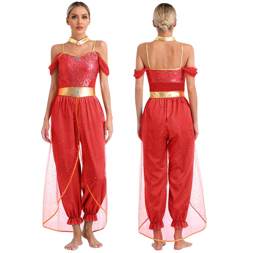 Womens Arabian Princess Costumes Halloween Carnival Aladin Theme Party Jasmines Outfit Sequin Tulle Rompers Belly Dance Jumpsuit