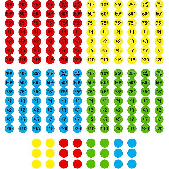 3840 PCs Garage Sale Flea Market Prepriced Pricing Stickers in Bright Colors (Yellow/Red/Green/Cyan), 3/4"in Diameter