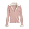 Women's Autumn Striped Patchwork Two-Piece Look Long Sleeve Slim Fit Top