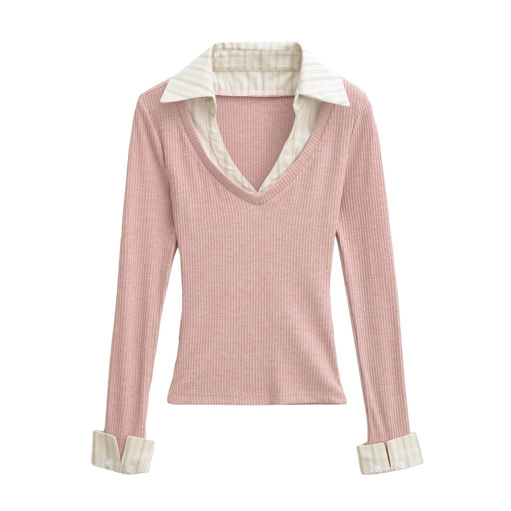 Women's Autumn Striped Patchwork Two-Piece Look Long Sleeve Slim Fit Top