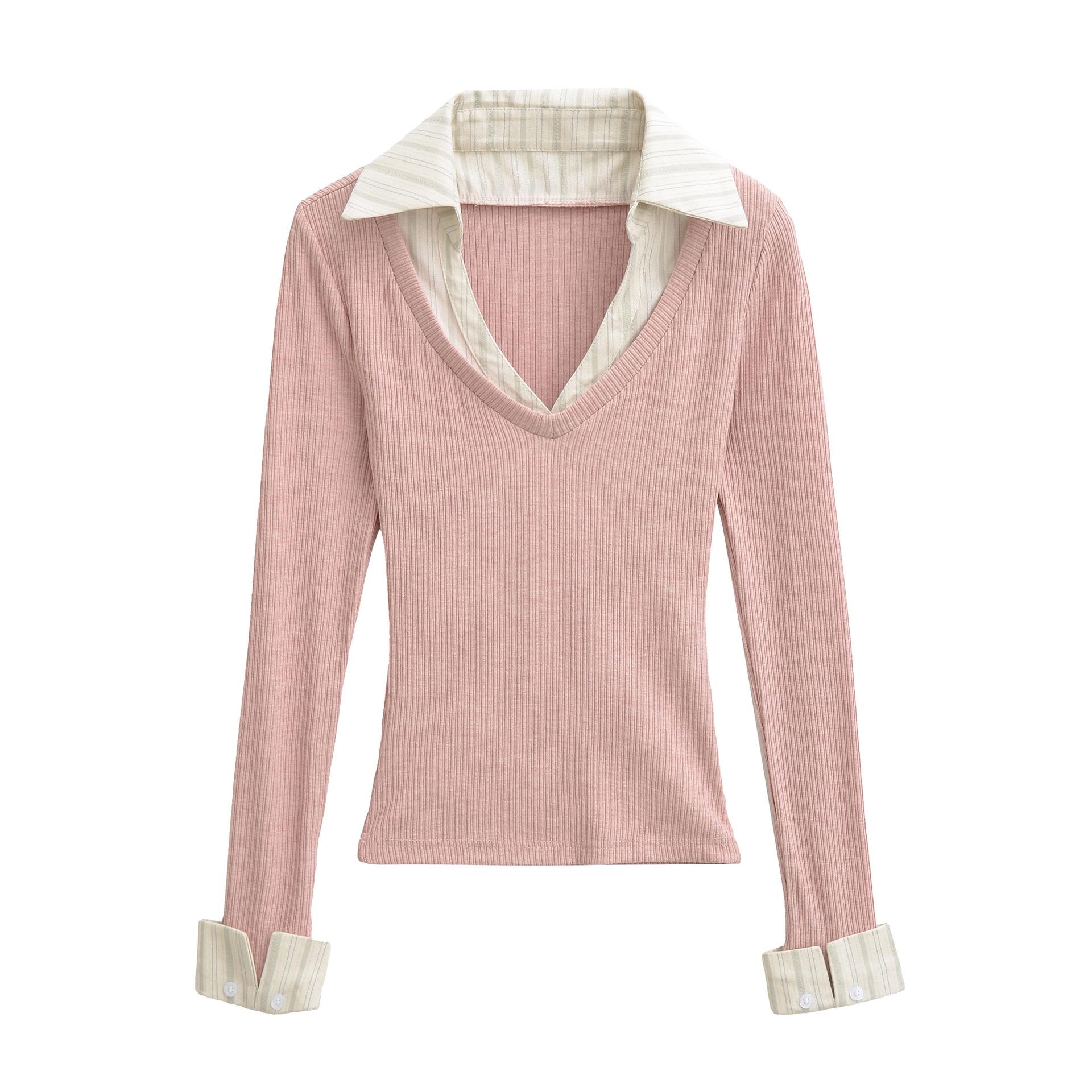 

Women s Autumn Striped Patchwork Two-Piece Look Long Sleeve Slim Fit Top Small рожевий