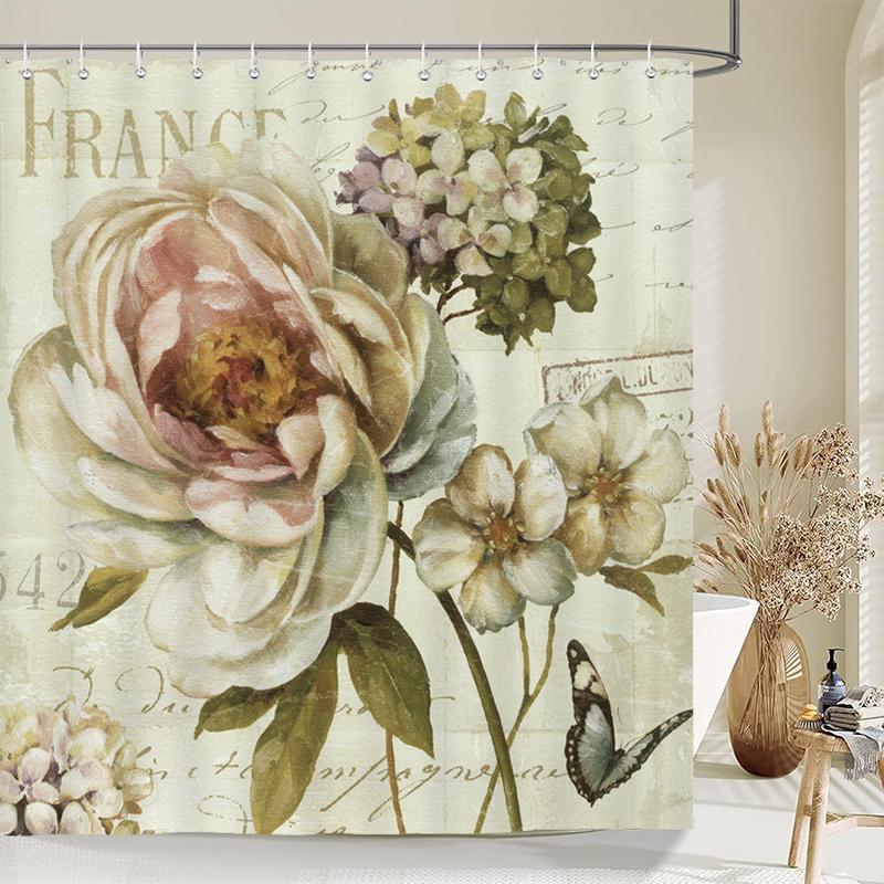 1 Pcs Retro Big Flowers Pattern Polyester Shower Curtain Partition Floral Bathroom Curtain with Hooks Home Decorative Curtain