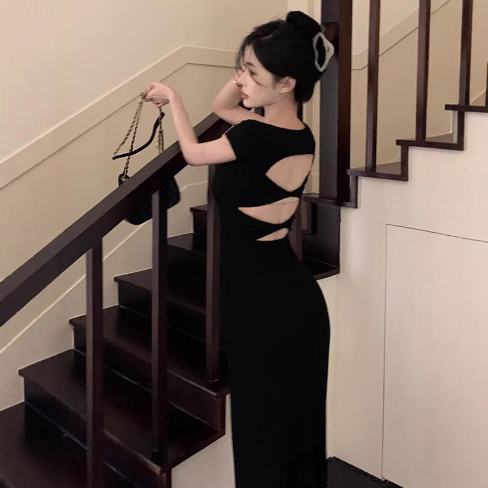 French Hepburn Style Slim-fitting Split-ended Dress for Women's Summer Sexy Backless Temperament Thin Hip-wrapped Waist-pinched Long Skirt