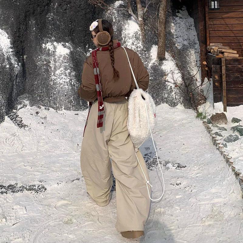 Vintage kalhoty se širokými nohavicemi dámské zimní zateplené plus sametové teplé kalhoty dámské s vysokým pasem volné tepláky