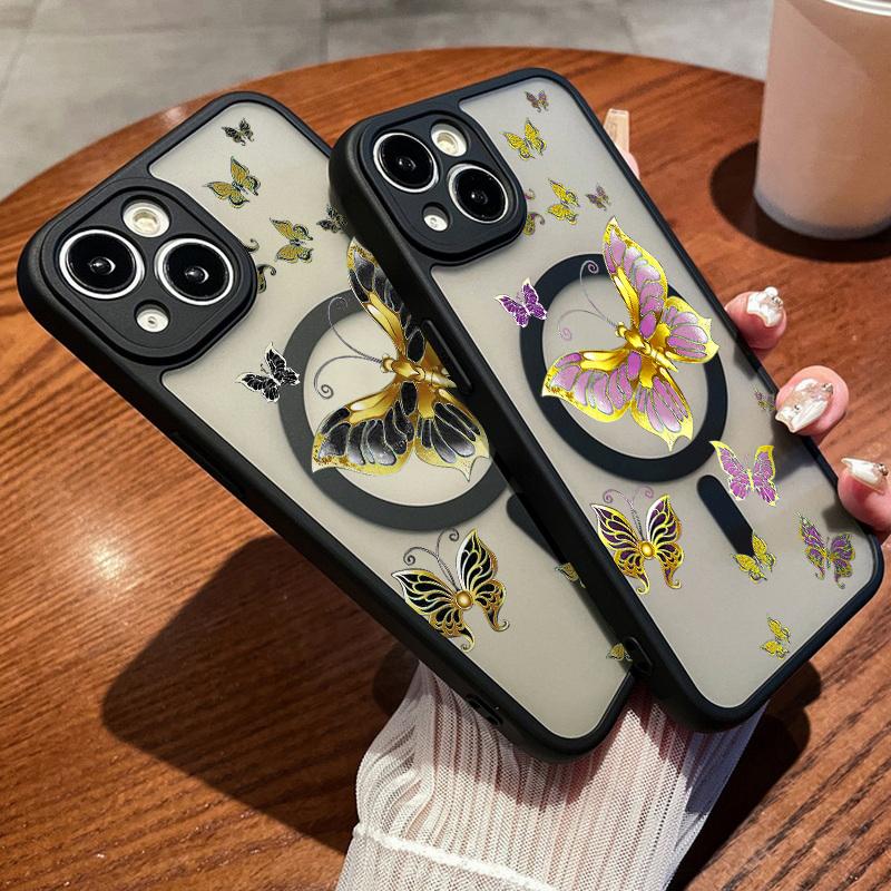 For iPhone 15 14 Pro Max 12 13 Pro 11 Colorful Butterfly Phone Case Magnetic For Magsafe Wireless Charging Acrylic Clear Cover