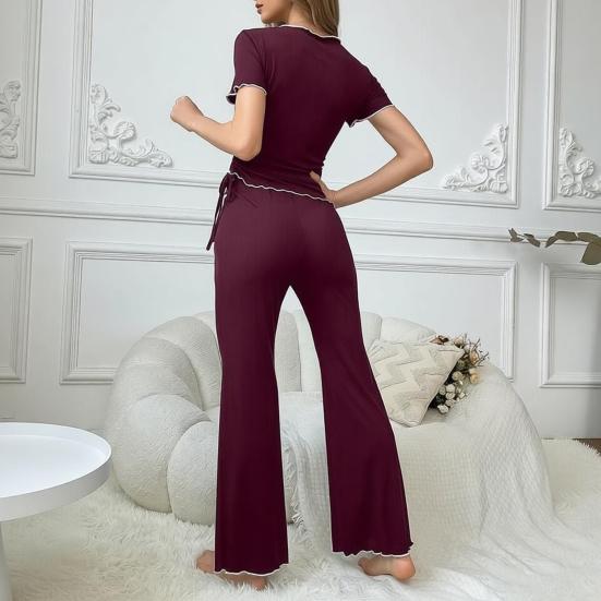 2Pcs Summer Women Pajama Set Slim Fit Solid Color Short Sleeves V Neck Top Elastic Waist Long Pants Trousers Casual Sleepwear Loungewear