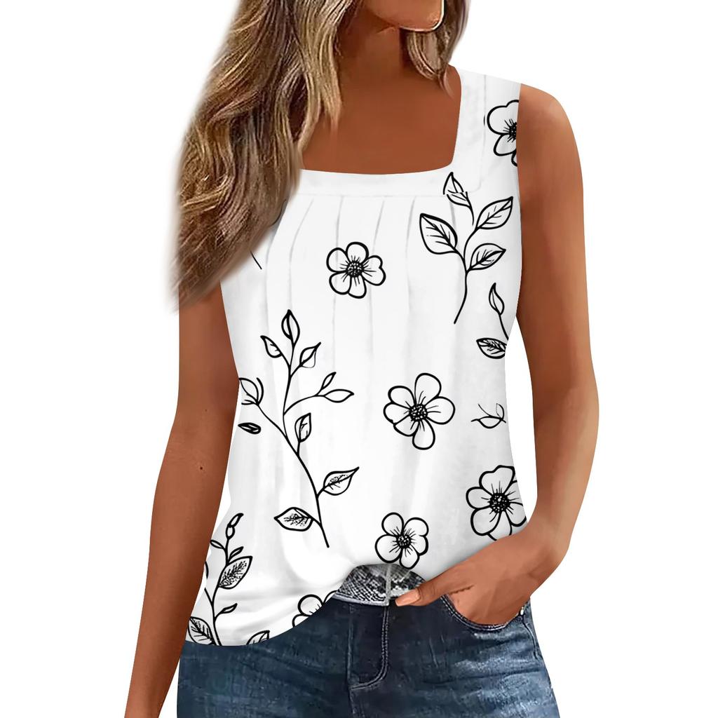 Modisches, lässiges Tanktop für Damen mit Blumendruck und quadratischem Ausschnitt, ärmellos
