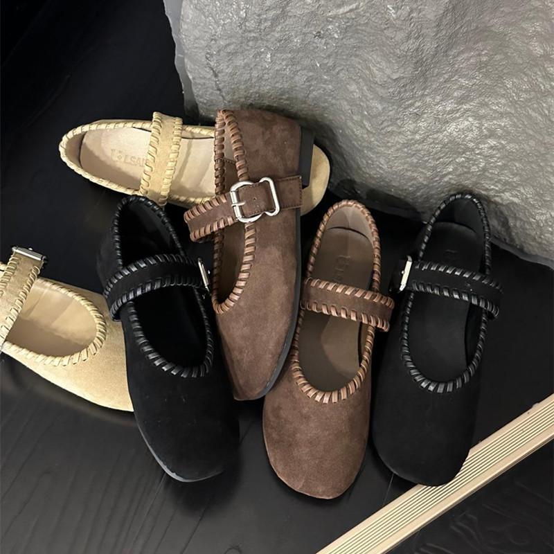 Fashion High Quality Woven Faux Suede Leather Mary Jane Shoes Women Metal Belt Buckle Design Shoes Comfortable Flat Loafers for Women