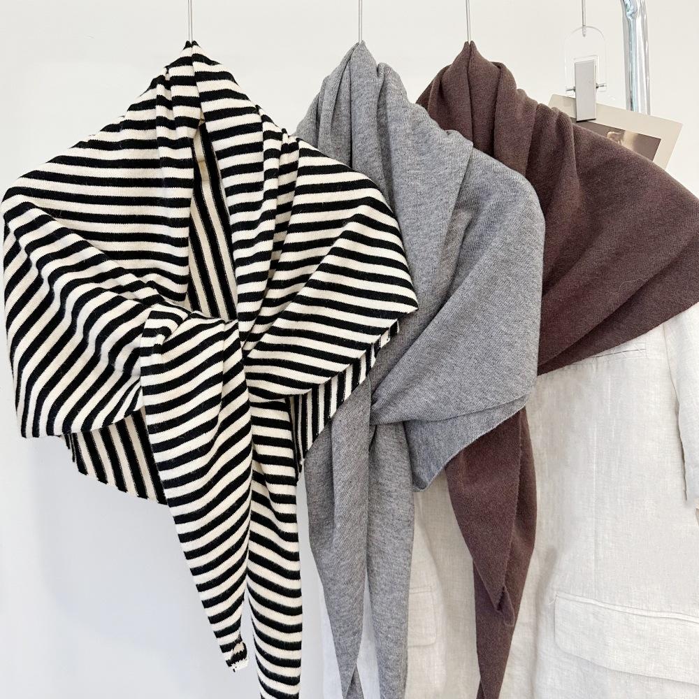 Cross-Border Wool Striped Shawl Enlarged Autumn And Winter Warm Triangle Scarf Knitted Women'S Knotted Shoulder Scarf