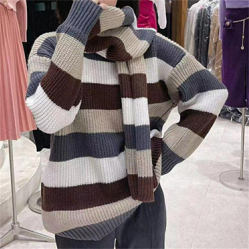 

Женские винтажные свитера в контрастную полоску, универсальный свободный вязаный пуловер с длинными рукавами, корейский модный свитер с шарфом, комплект из 2 предметов One size серый