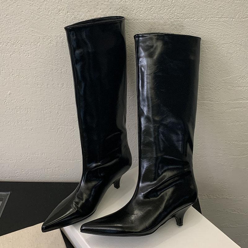 

Модная женская обувь слипоны, современные женские сапоги до колена на низком каблуке, модные женские ботильоны с острым носком в западном стиле 35 чёрный