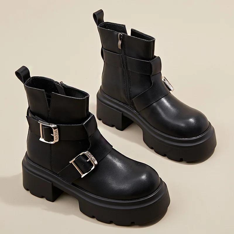 

Модные британские женские ботильоны из коровьей кожи с металлической пряжкой, дизайнерская повседневная обувь для женщин, модные весенне-осенние женские ботинки на платформе 34