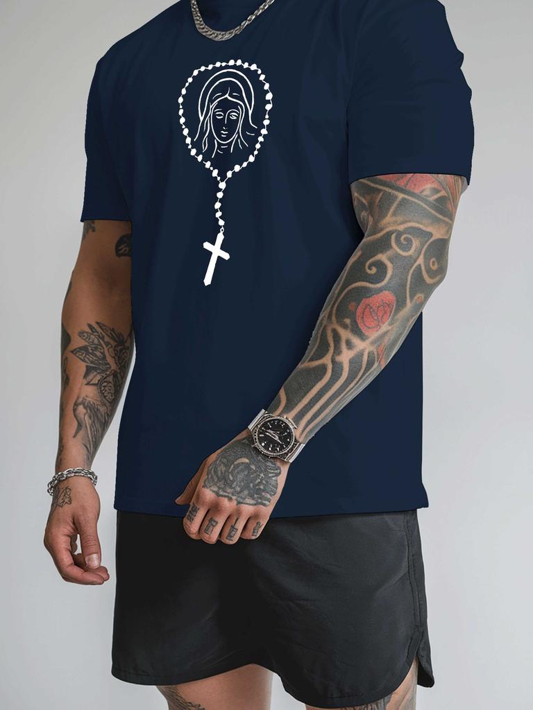 Unisex Short Sleeve Crew Neck Tee Virgin Mary Rosary Graphic Print Casual Lightweight T Shirt Religious Summer Daily Fashion Tops