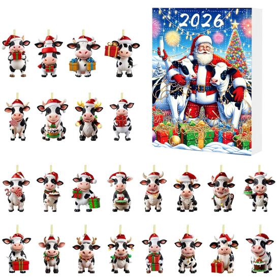 Collectible Christmas Figurines for Enthusiasts Cow Ornament Advent Calendar 2026, 24 Days 2D Acrylic Hanging Pendant Portable Decorations Home