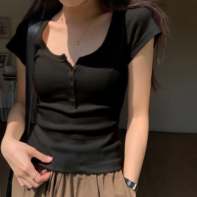 Bavlněné tričko s knoflíky pro ženy s krátkým rukávem, letní novinka, čtvercový výstřih, všestranný outfit, slim top, základní tričko