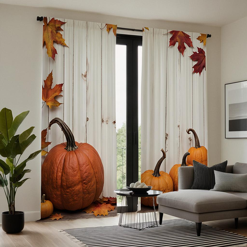 2 stuks HD Thanksgiving pompoen Esdoornblad Tuindecoratie gordijn Geel lint digitaal bedrukt gordijn Huisdecoratie stijl De
