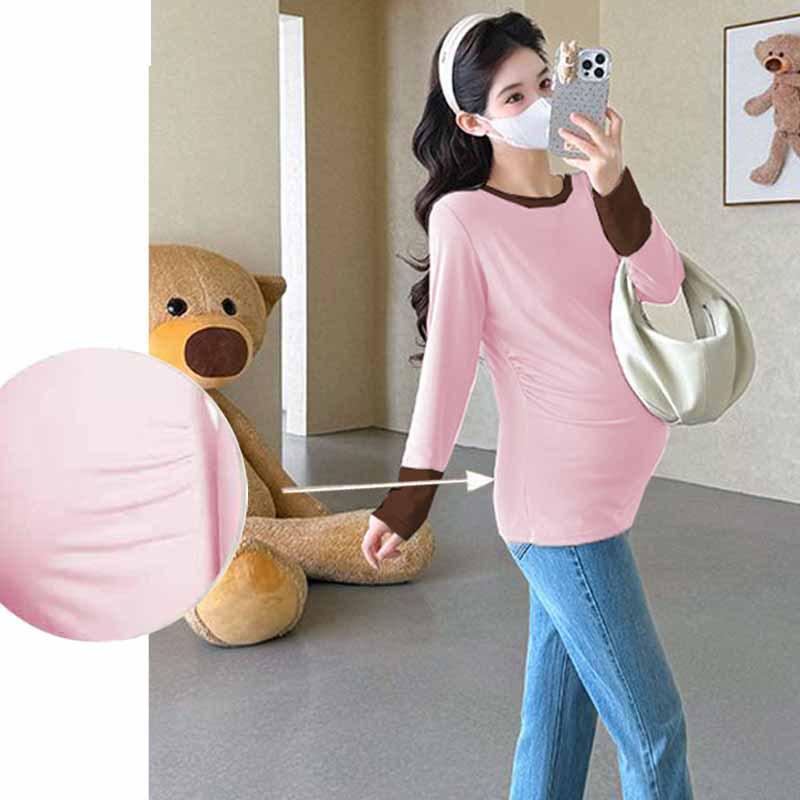 

Trendy Maternity Color Block Round Neck Top – Autumn/Winter Loose Fit, Belly-Covering T-Shirt M (85-105 jin)
